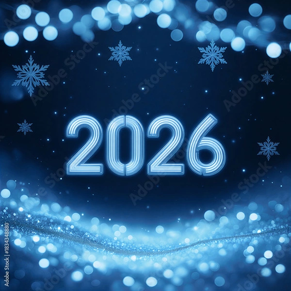 Obraz Happy New Year 2026 Blue Neon 2026 Typography With Snowflake Bokeh Background