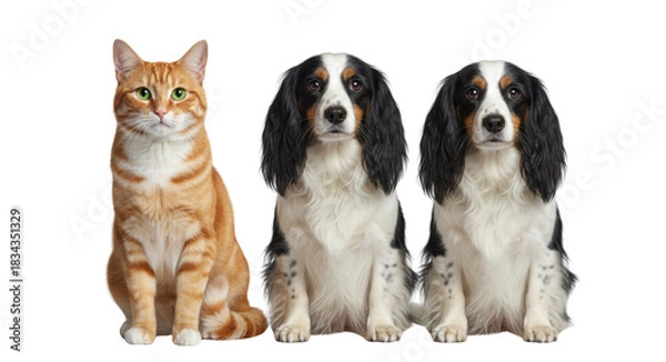 Obraz Ginger Tabby Cat Poses with Two Tri-Color Spaniel Dogs