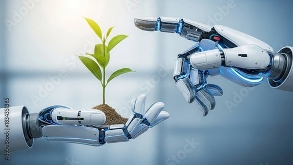 Fototapeta Robot hands nurturing a small green plant robotic artificial intelligence