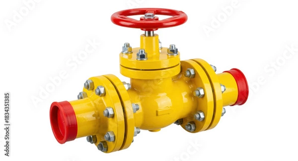 Obraz Industrial Flanged Gate Valve in Yellow with Red Handwheel and Protective Caps