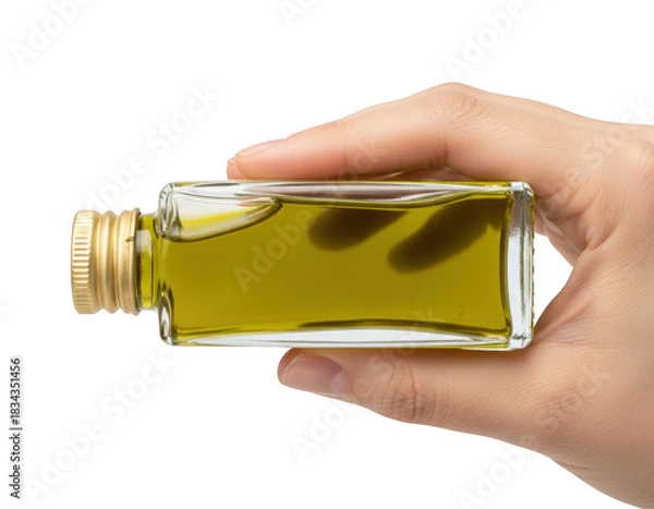 Obraz Hand holding a miniature glass bottle filled with golden olive oil