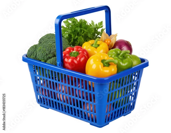 Obraz Vibrant assortment of fresh vegetables and produce in a blue plastic shopping basket