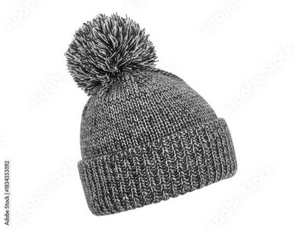 Obraz Gray Marled Knit Beanie Hat with Pom-Pom