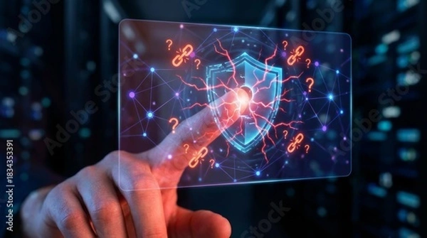 Obraz User activating cyber security shield icon on digital interface for network protection against online hacker attack and data privacy safety in futuristic internet technology system defense