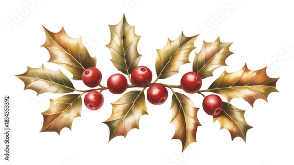 Obraz Golden holly branch with red berries isolated on transparent background