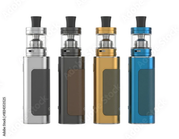Obraz Four modern electronic vaping devices displayed in silver, charcoal, gold, and blue finishes