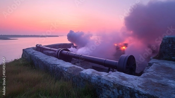 Obraz Historical cannon firing at sunset over the river with smoke and pink sky view at dusk 100