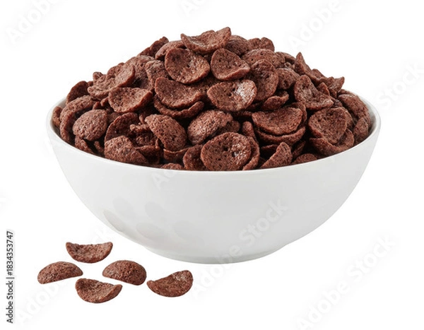Obraz Heap of cocoa-flavored breakfast cereal in a white serving bowl