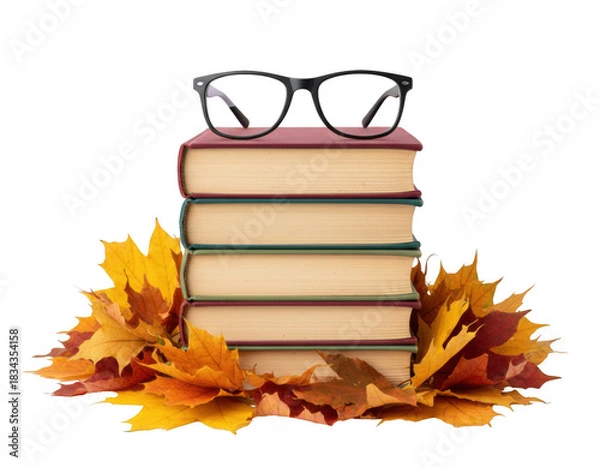 Obraz Stack of vintage books, reading glasses, and colorful fall maple leaves set against a dark void