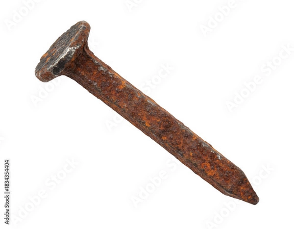 Obraz Heavily corroded square cut nail displaying deep orange rust isolated on a dark field
