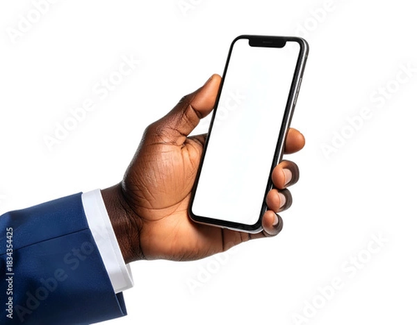 Obraz Dark-skinned hand in blue suit holding smartphone with blank screen