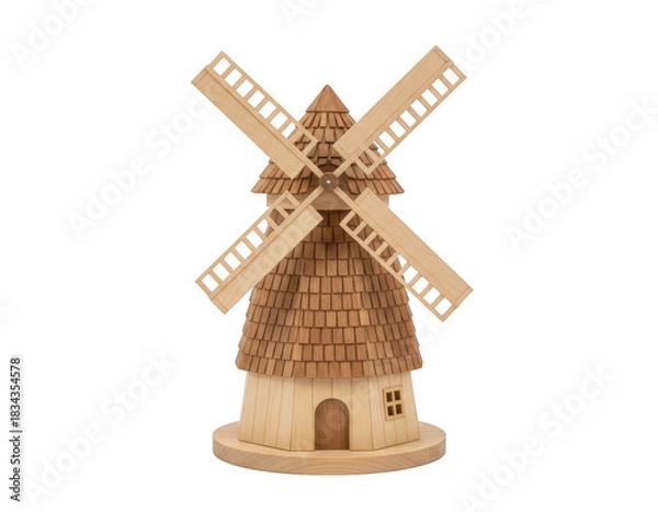 Obraz Detailed Wooden Miniature Windmill Model with Shingled Roof and Vanes