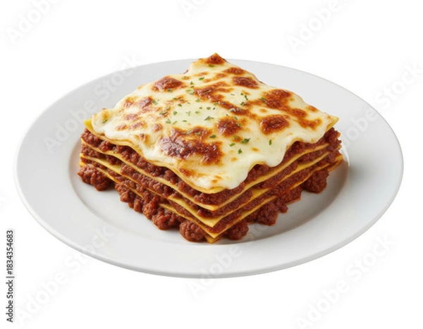 Obraz Thick slice of traditional layered lasagna topped with melted cheese and meat sauce on a white dinnerware