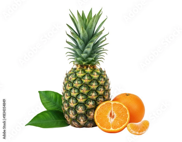 Obraz Whole pineapple and vibrant citrus fruits against a dark void