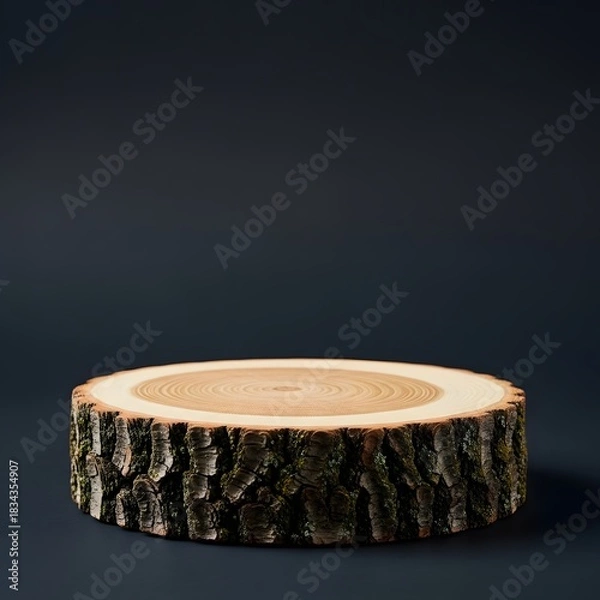 Fototapeta Wooden log slice display stand on dark background for product showcase