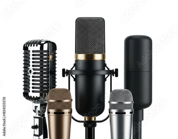 Obraz Collection of Professional Microphones on a Dark Field