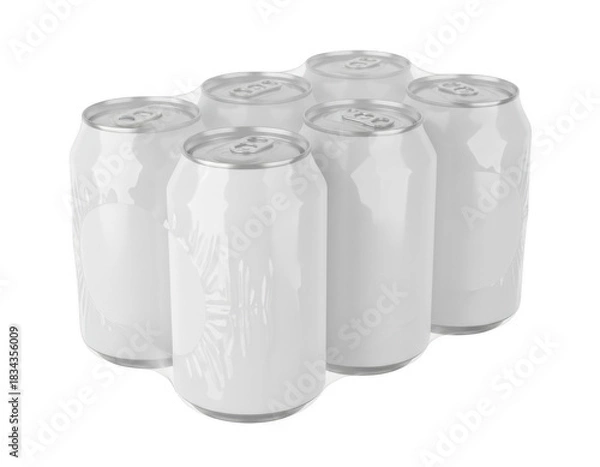 Obraz Six Unlabeled Aluminum Cans in Clear Shrink Wrap Packaging Mockup on Dark Surface