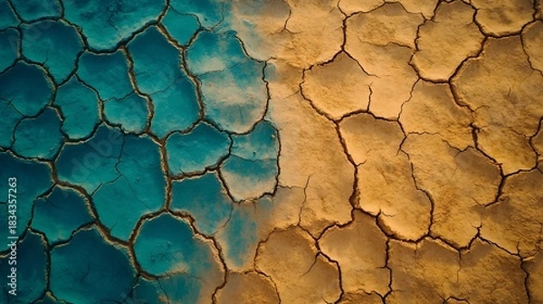 Obraz Aerial view of cracked earth with blue and brown textures showing climate change impact