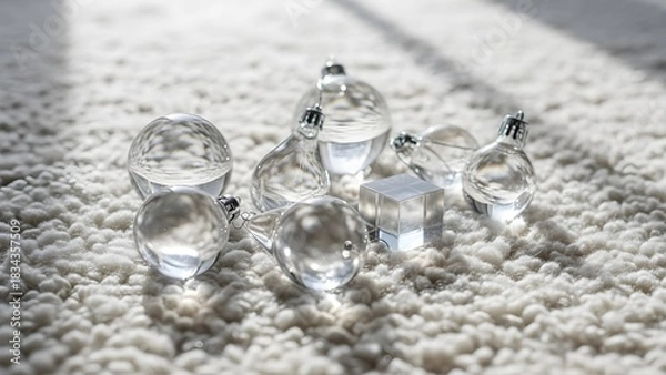 Fototapeta Transparent glass objects on textured surface with bright sunlight and shadows