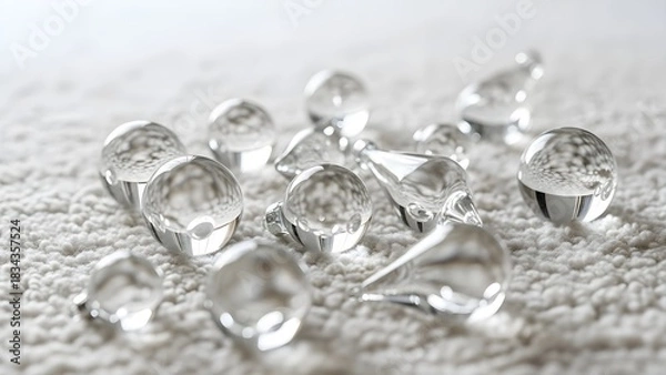 Obraz Transparent glass spheres scattered on a textured white surface closeup