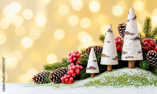 Obraz Wooden Christmas trees made of bark among fir branches with cones and red berries on the background of festive lights. Merry Christmas and Happy New Year