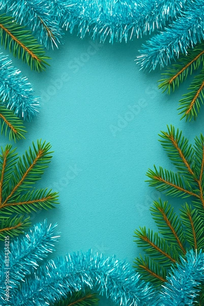 Fototapeta Christmas turquoise background with fir branches and tinsel, copy space