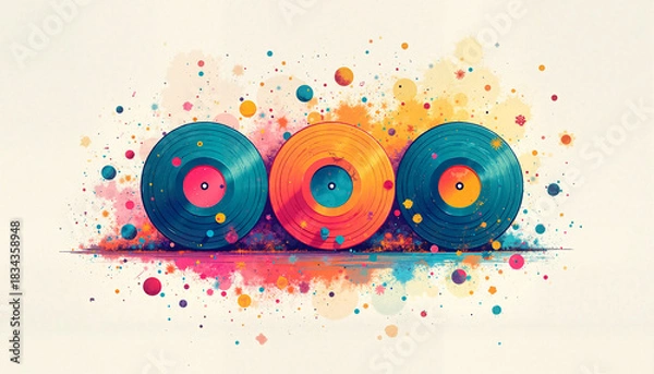 Fototapeta Colorful abstract art of vinyl records with vibrant splashes and circular elements

