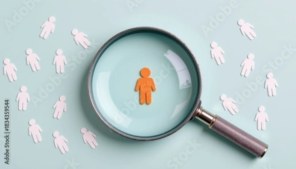 Fototapeta Magnifying Glass Focuses on Individual Among Cutout Figures on Mint Background for Concept of Individuality and Choice