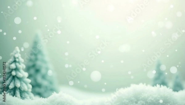 Fototapeta A serene winter landscape featuring snow covered pine trees, gentle snowfall, and a green tinged background.