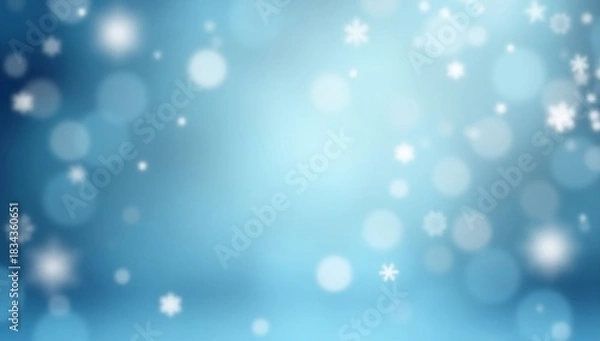 Fototapeta Blue abstract blurred winter background with falling snowflakes and bokeh.