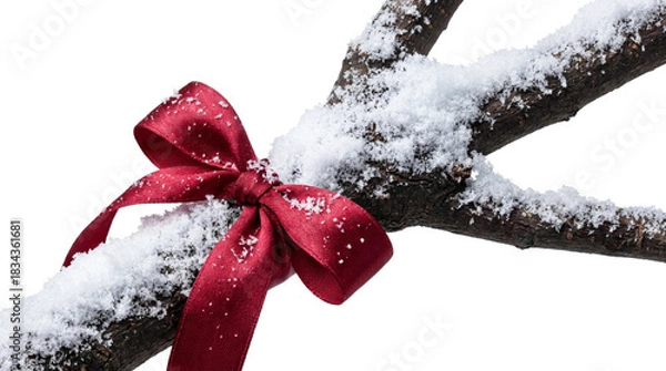 Obraz Snowy Branch Adorned with a Red Satin Holiday Bow Isolated in a Dark Void