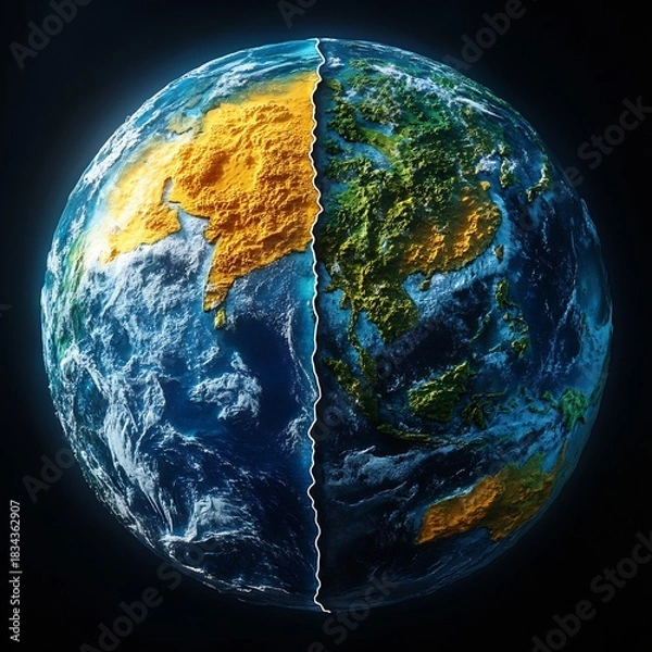 Obraz Earth divided by climate change and environmental impact illustration