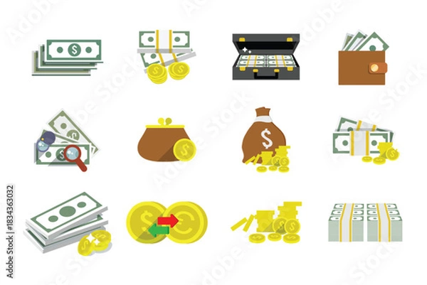 Obraz Colorful money, cash, and financial icons in clean simple style.