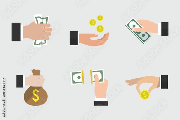 Obraz Flat hands exchanging money and coins in simple modern style.