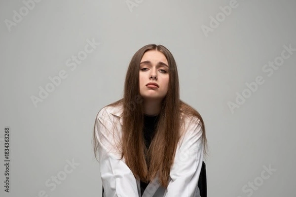 Fototapeta Sad tired woman in white coat looking down with bored facial expression on neutral gray studio background