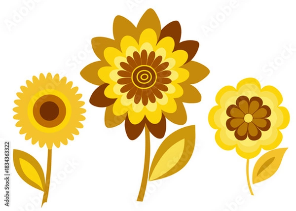 Fototapeta Set of three yellow and brown stylized folk art flowers illustrations