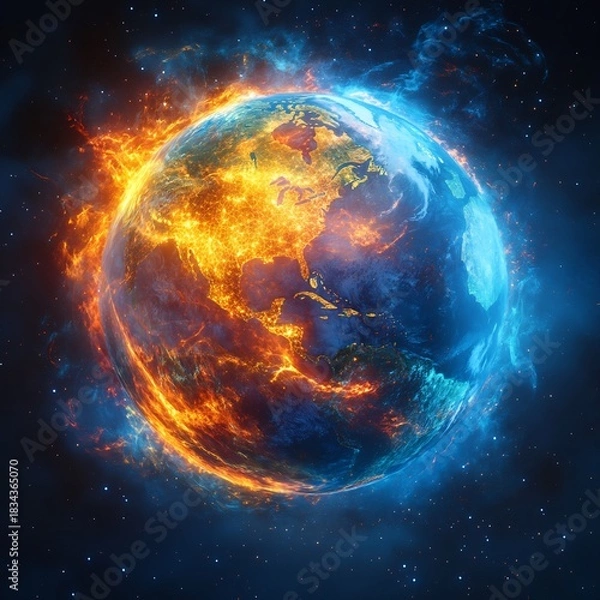 Obraz Fiery earth in the cosmos showing the effects of climate change and global warming impact on the planet