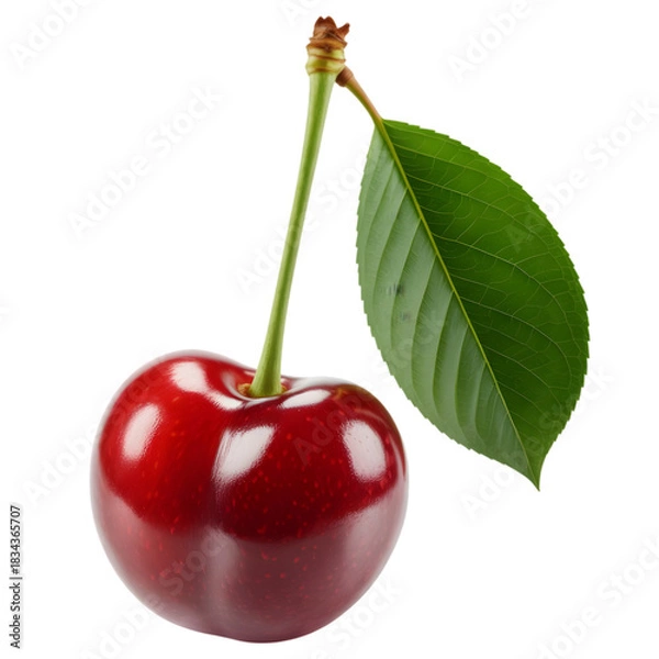 Obraz Single red cherry with stem and leaf isolated on transparent background