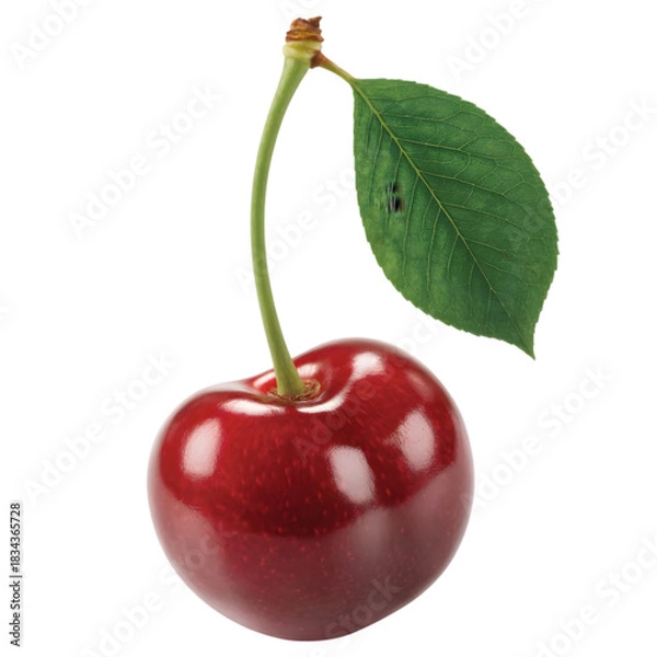 Obraz Single red cherry with green leaf isolated on transparent background