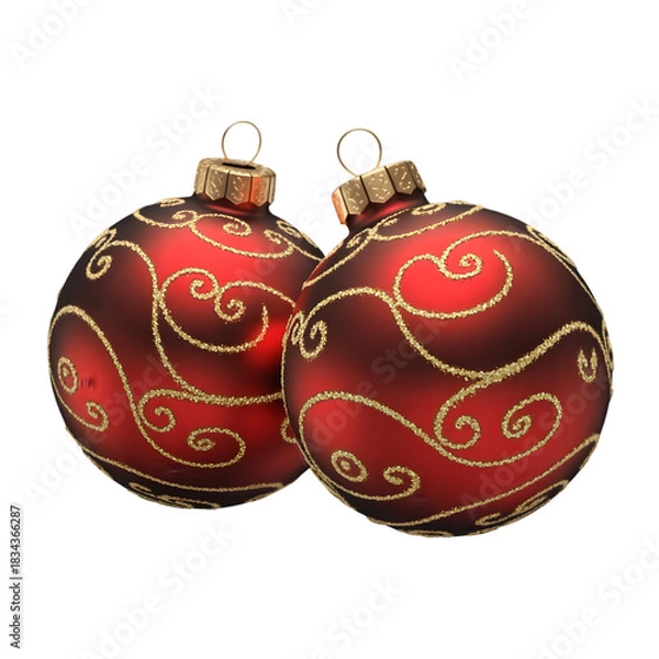 Obraz Two red christmas ornaments with gold swirls isolated on transparent background