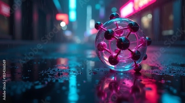 Obraz Abstract molecule suspended in vacuum: Complex structure rendered in high-contrast neon turquoise and magenta, with a dark, wet cyberpunk city street background and sharp edges.