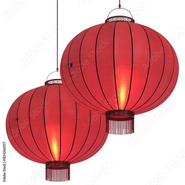 Obraz Two red chinese lanterns illuminated isolated on transparent background