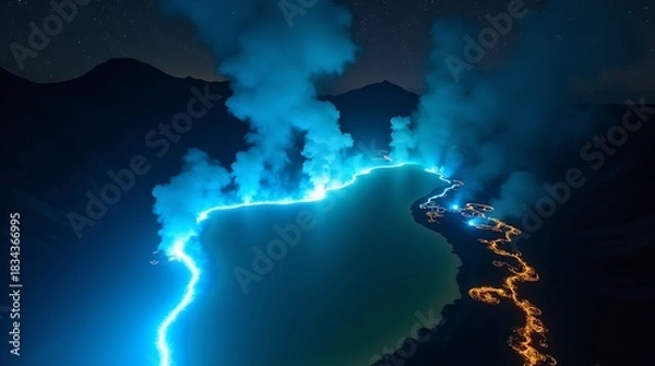 Obraz Powerful, almost painterly color palette of Ijen: Aerial shot of the crater at night, emphasizing the sinuous blue fire against fissured volcanic terrain and the stark counterpoint of the acid lake.