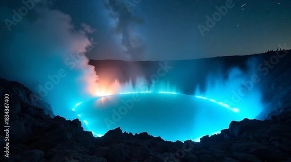 Obraz Dramatic high-contrast lighting: Ijen blue light resembling molten plasma, diffused by sulfur smoke, set against the turquoise acid lake mirroring the Milky Way and sharp yellow sulfur crystals on roc