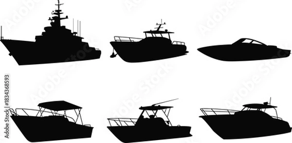 Obraz Black boat silhouette icon set, military ship, yacht and speedboat collection, marine vector illustration isolated on white background design elements