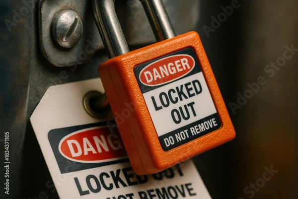 Obraz Vibrant orange lockout padlock and warning tag secure metal latch, serious symbol of industrial safety. This close up highlights danger and hazard prevention procedure