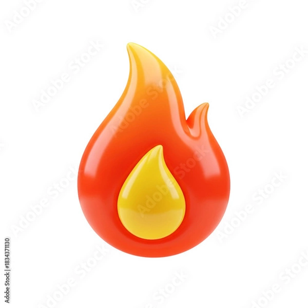 Fototapeta Glossy 3D flame icon with red, orange, yellow gradients and central droplet, vibrant stylized fire symbol for heat, passion, energy, alerts, trending content, and digital design PNG