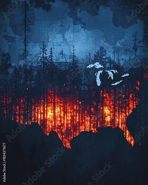 Obraz Fiery forest landscape with lake michigan silhouette art illustration style