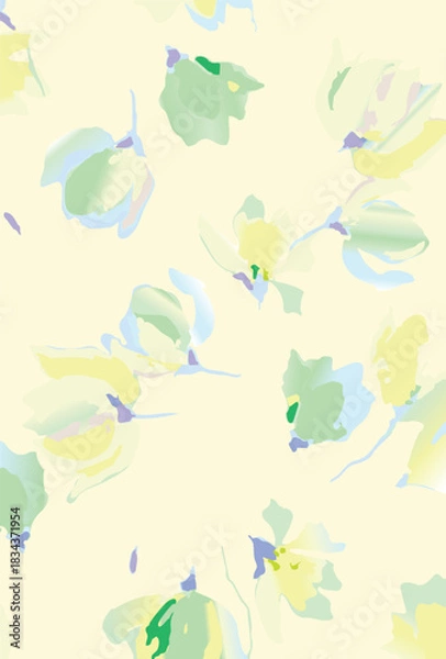Obraz Seamless colorful floral pattern. Hand drawn flowers, herbs, leaves, branches, berries, tulip. Simple cute flat vector elements. Design for textile, cover, wallpaper