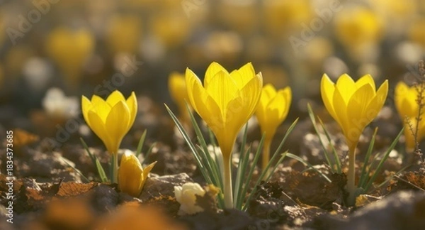Obraz Close-up of vibrant yellow spring flowers blooming amongst fallen leaves in sunlight